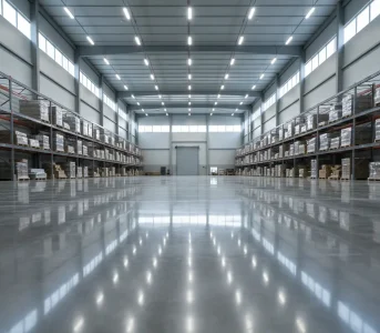 Clean and polished warehouse floor in Sacramento with shelves stocked with inventory, showcasing professional industrial pressure washing service.