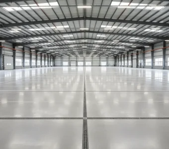 Clean and polished interior of a large warehouse in Sacramento after professional pressure washing service, showing spotless concrete floors and bright lighting.