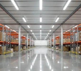 Clean and reflective warehouse floor with organized shelving, showing recent pressure washing in a Sacramento commercial facility