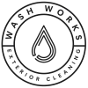 Circle Logo for Wash Works that reads "WASH WORKS" Over the top and "EXTERIOR CLEANING" arounfd the bottom. With a deco typ water drop in the middle. Color is Black