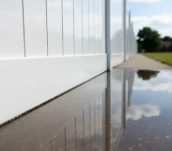 Vinyl fence in Orangevale CA reflected clearly in small puddle after thorough cleaning.
