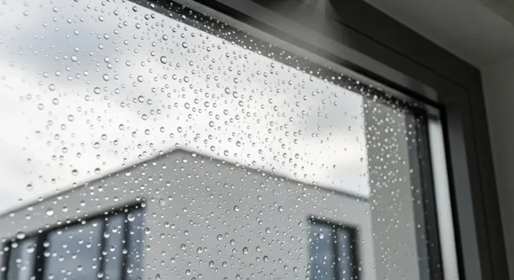 Exterior view of a residential glass door in Sacramento being professionally cleaned with water spray, showing clear water droplets on the glass surface
