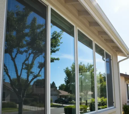 Sunlit residential windows with clear glass reflecting trees and sky after cleaning.